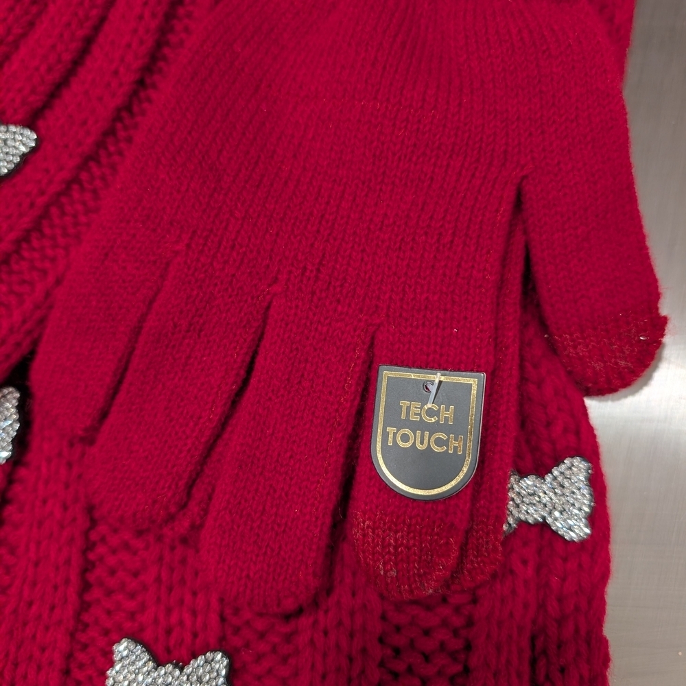 Cherry Red Knit Scarf, Glove & Hat Set with Silver Bows - Picture 3 of 5